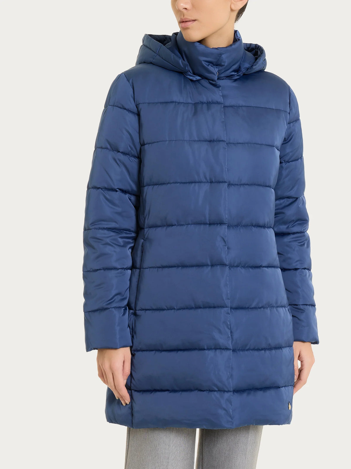 Satin Puffer piumino lungo con cappuccio